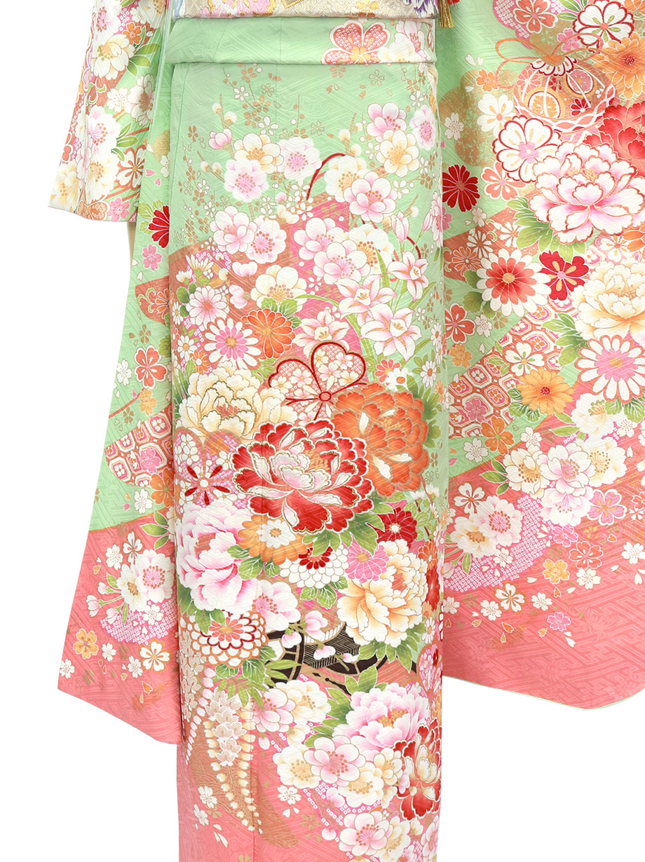 エメラルドグリーン色に花車の振袖／標準サイズ | 宅配着物レンタルの