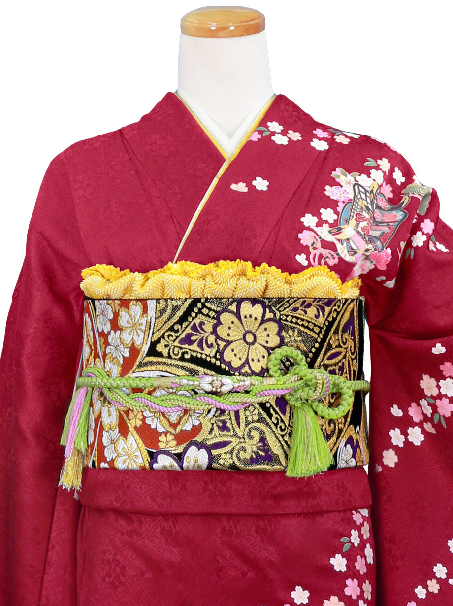 赤色地に桜・御所車の振袖／標準サイズ | 宅配着物レンタルの京都かし