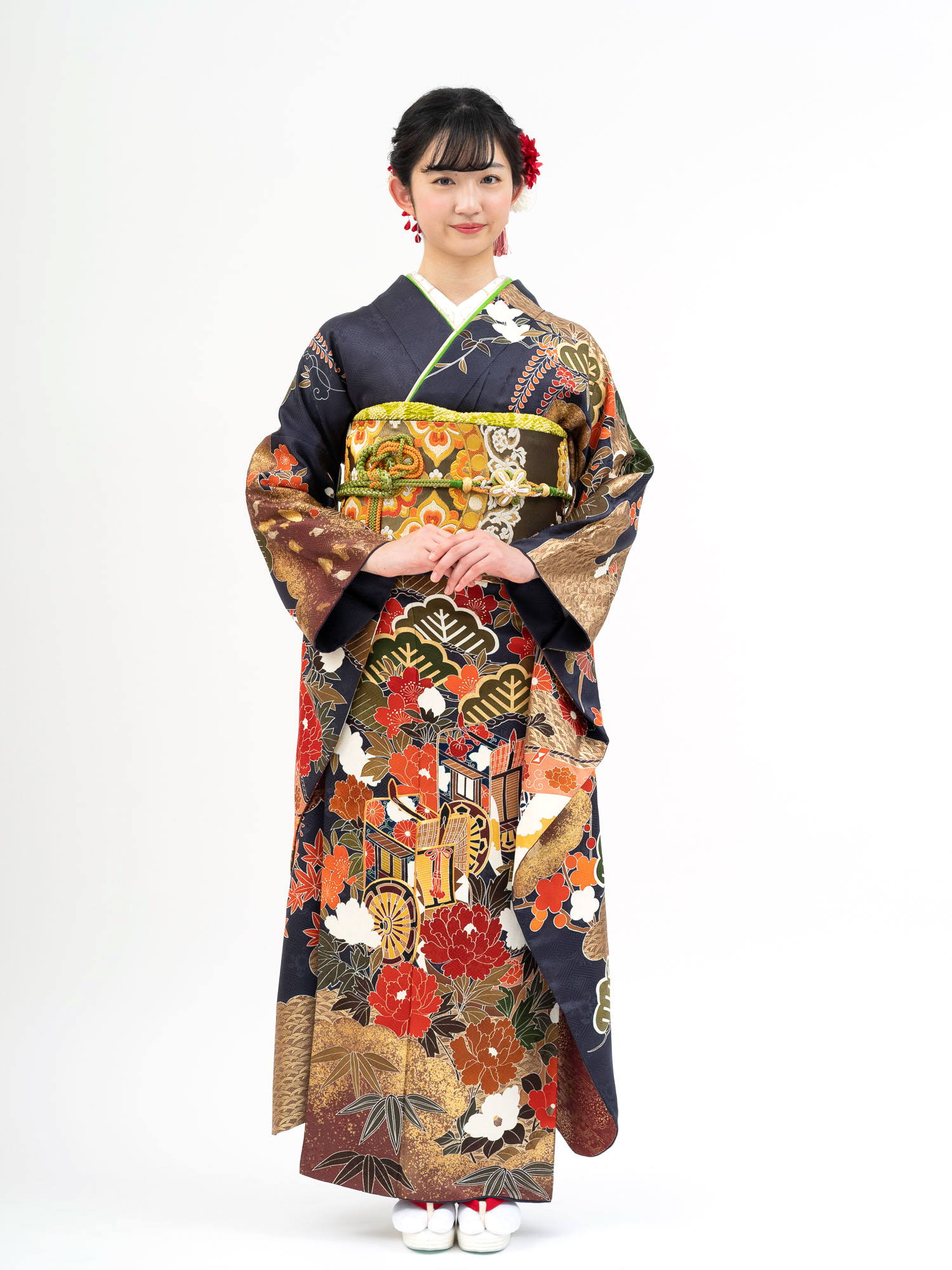 京友禅の高級振袖レンタル】御所車・古典柄・グレー系 LLサイズ・品番f