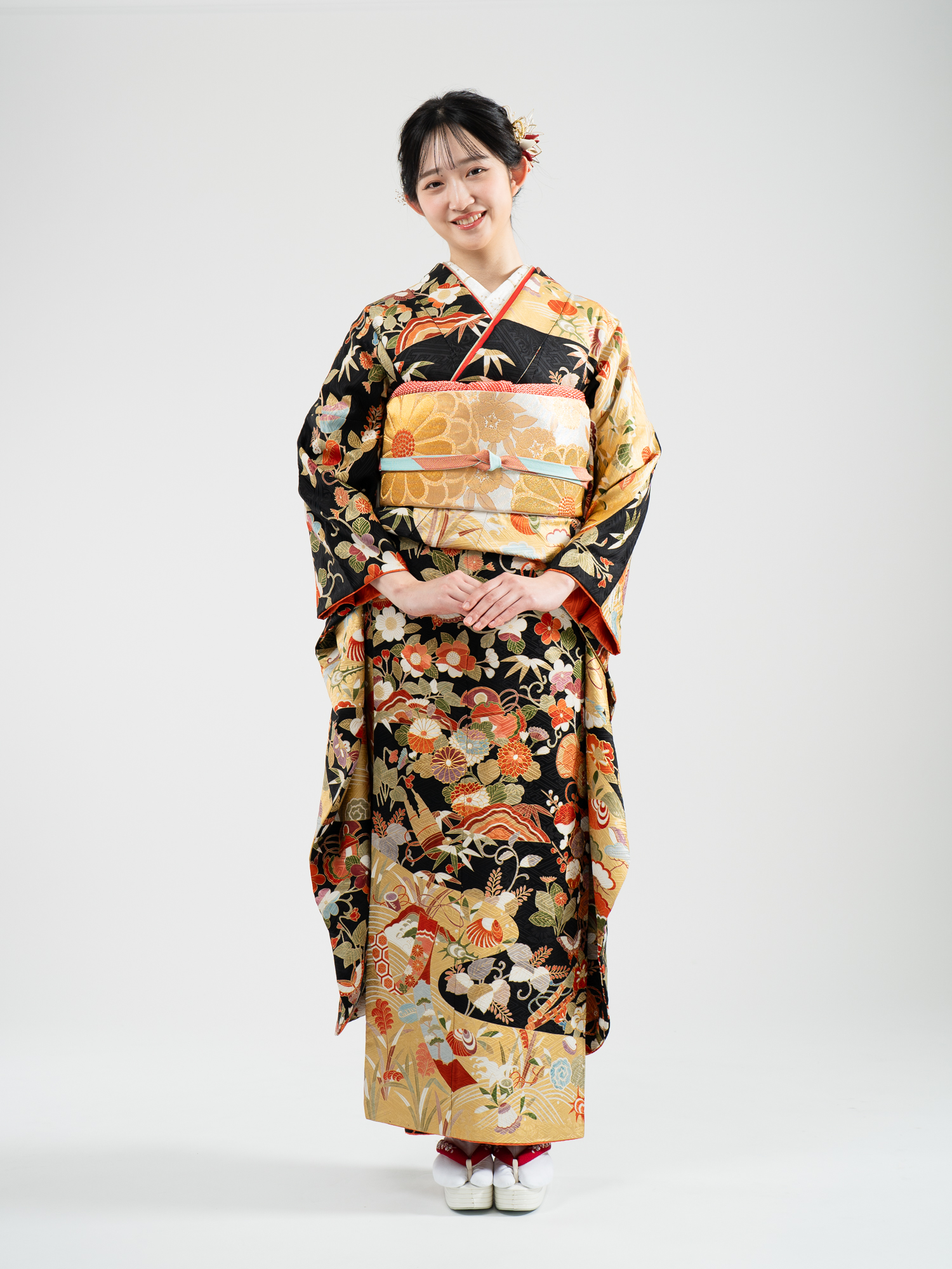 振袖フルセット 総絞り 黒 金 シルバー 成人式 豪華振袖 振袖6点セット