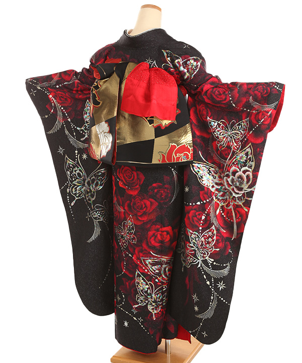 振袖レンタル｜黒に赤薔薇蝶｜F0456｜3L｜宅配着物レンタル・一式フル