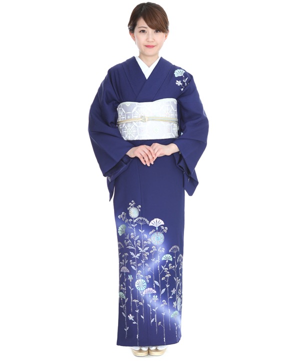 5k2671 着物 正絹 袷 付下げ訪問着 紺 青 ベージュ 赤 金色 花柄 0017