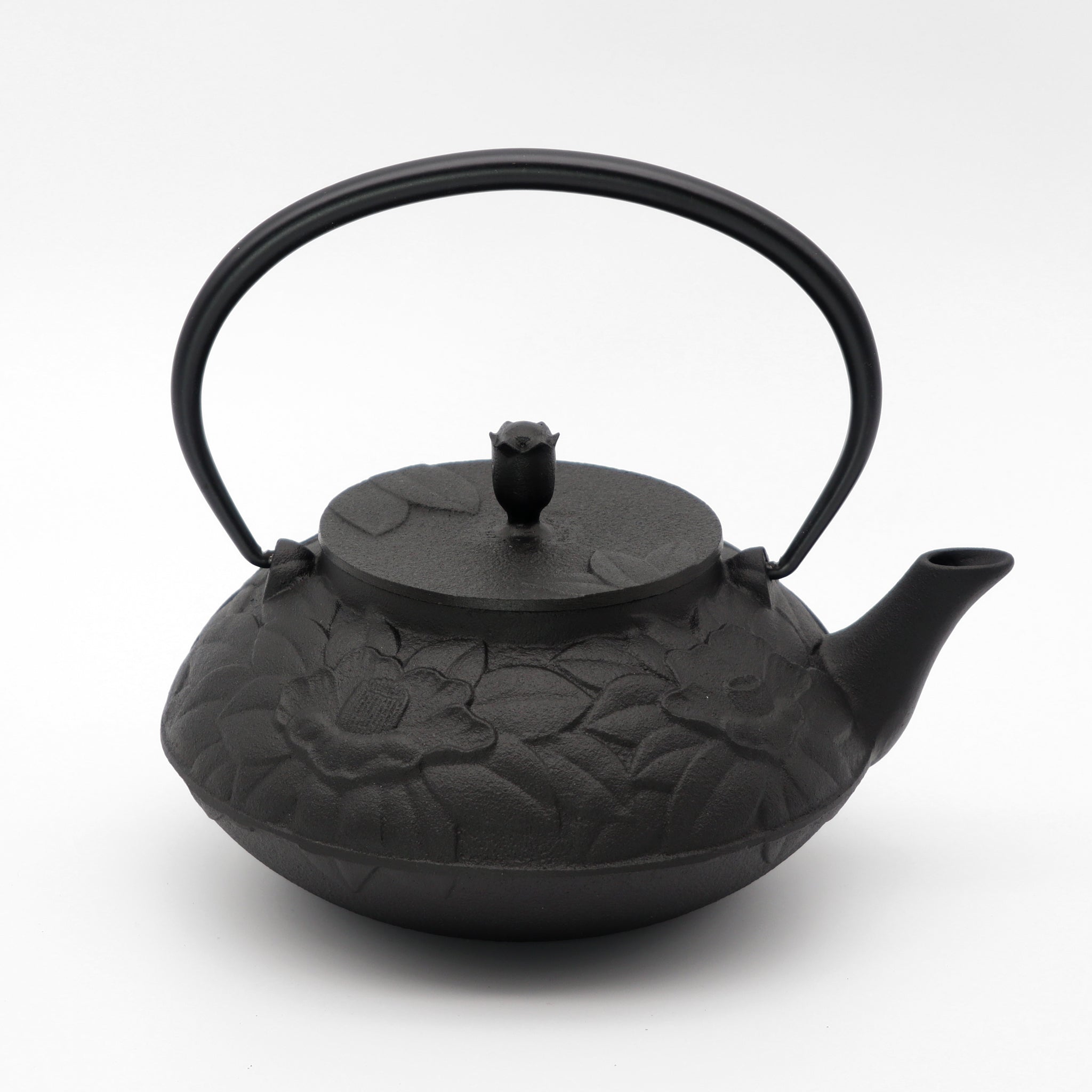 細工鉄製 達摩・羅漢紋高彫 唐銅蓋 銅取手 無銘 鉄瓶 美品