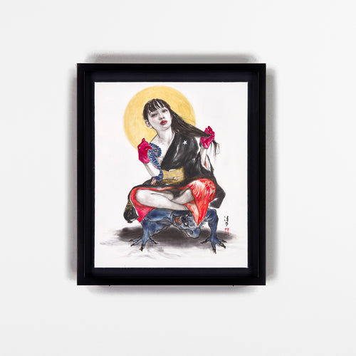 阿部笙子作 日本画 女性 着物 月 狐 木版 版画 アート 美術 芸術 額縁