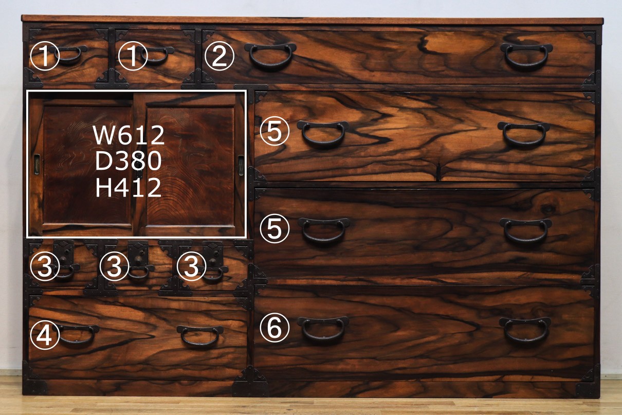 珍品!!無垢材の黒柿杢目が流れる堂々とした越後収納箪笥 BB2226 – 古福