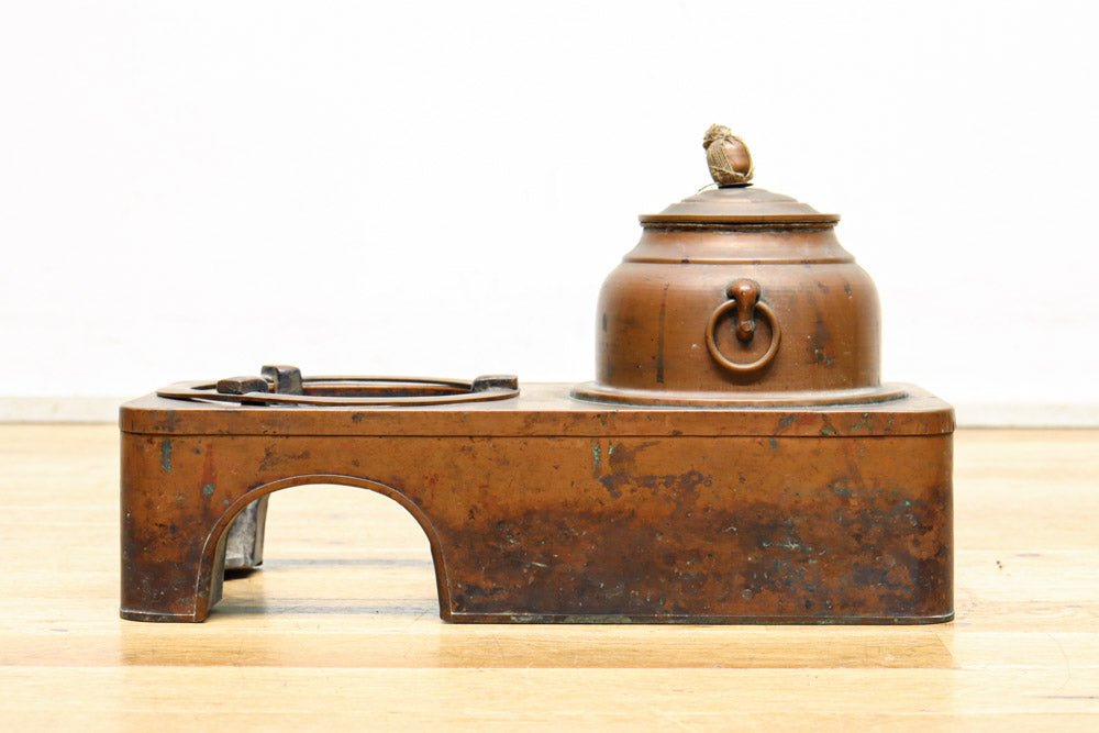 長火鉢用五徳 鉄製五徳 熱燗壺 茶釜 銅壺 長火鉢、銅燗炉セット