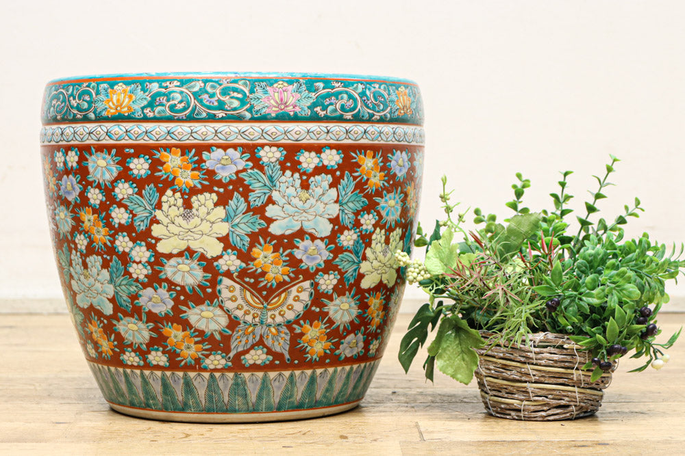 希少 カラフルで華やかで大きな陶器製の蓋付きの壺 希少 カラフルで