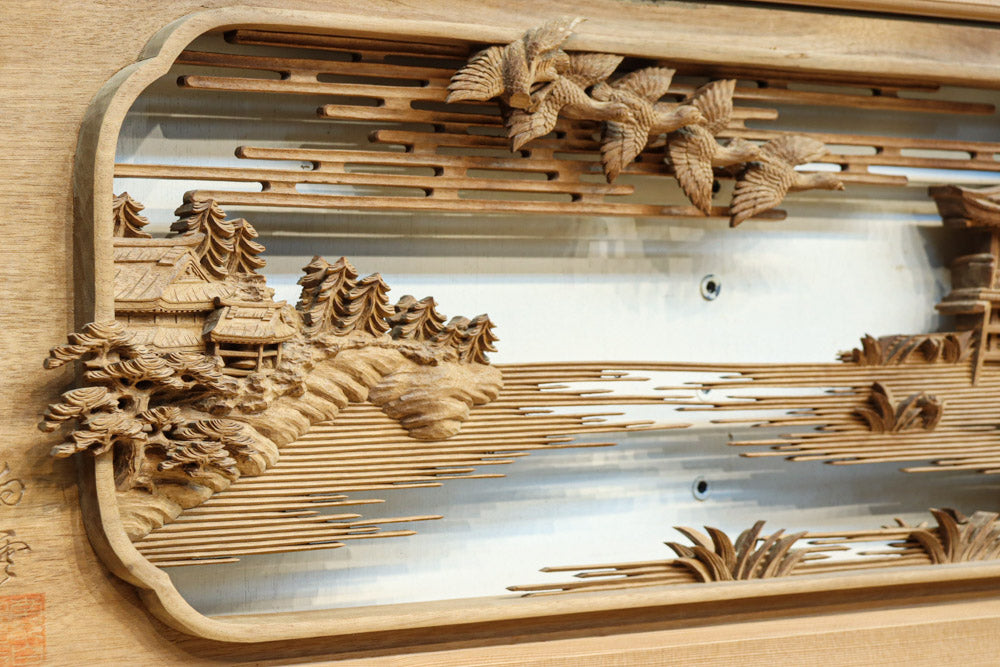 早い者勝ち、彫刻欄間 金塗装 近江八景 6尺×1.1尺×1.5寸 早い者勝ち