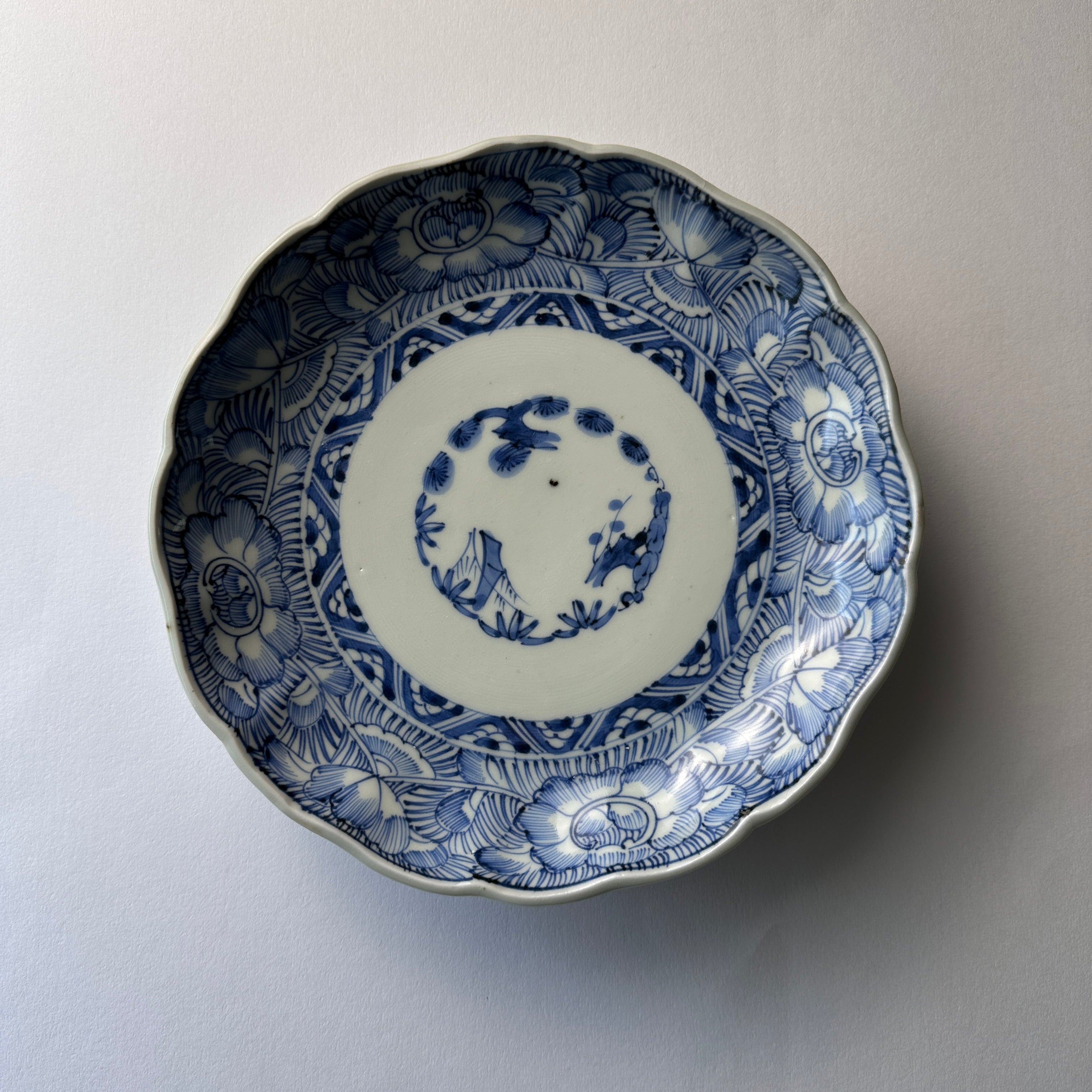染付 線描き花文・麒麟図 七寸皿 六枚 径21．5cm】古伊万里 染付