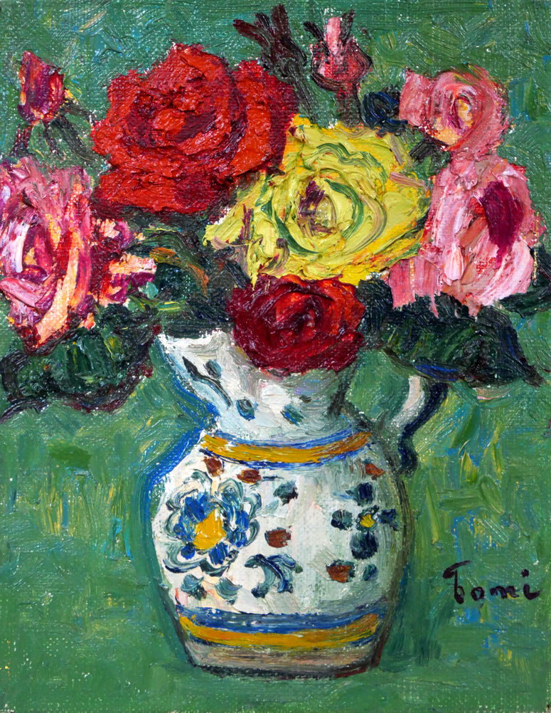 油彩画 花瓶の花 薔薇 肉筆 絵画 静物画 インテリア ア-ト 真作 油彩