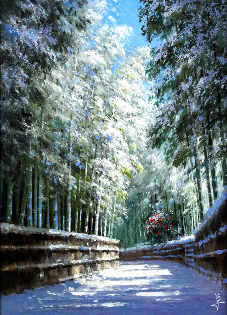 長岡卓「竹林の木漏れ日（京都嵯峨野）」油絵・F4号 絵画買取・販売の