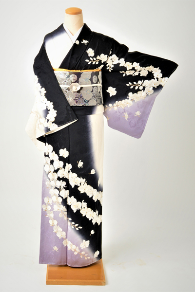 訪問着［白、黒、紫に刺繍の花］｜着物レンタルあき (来店着付け無料