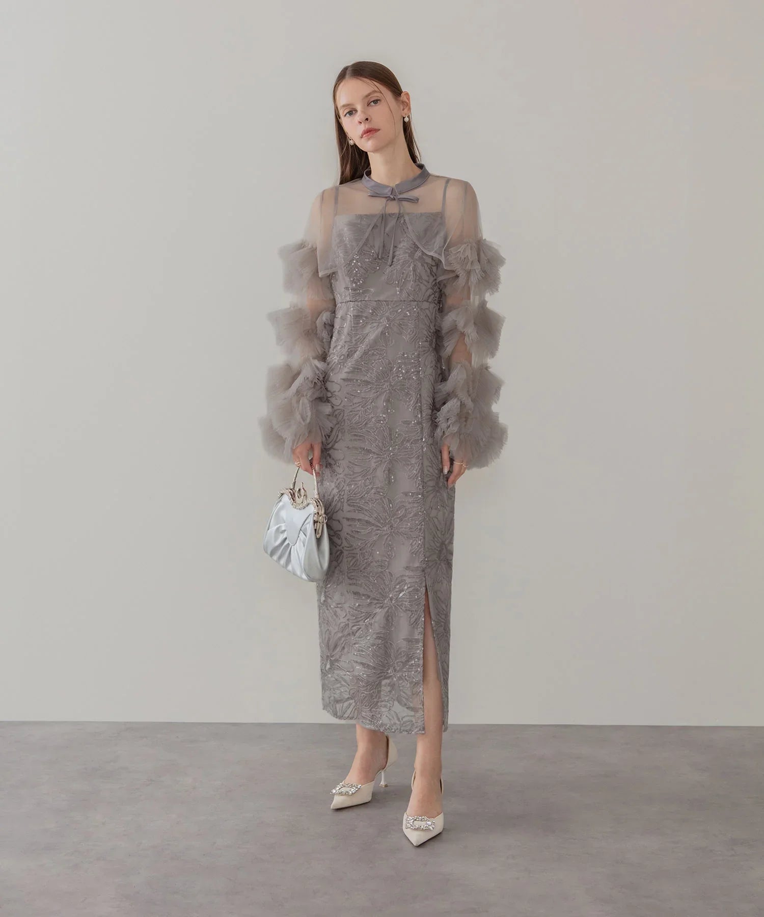 一部当日発送】フリルチュールスリーブリボンIラインワンピースドレス