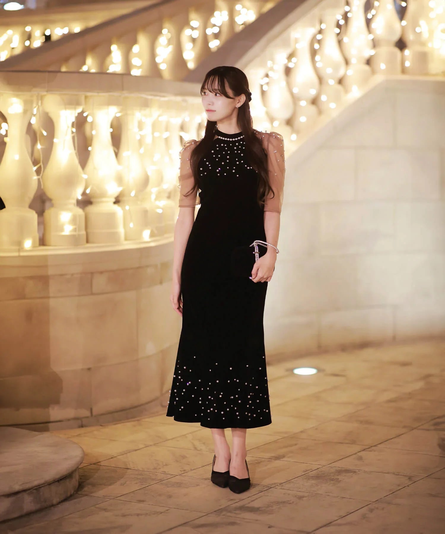 当日発送】シアースリーブパールビジューベロアマーメイドドレス