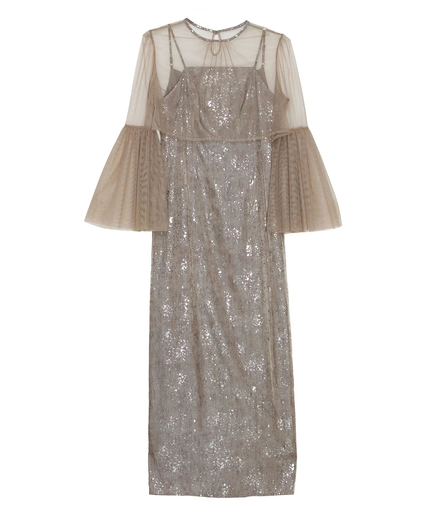 当日発送】シアーチュールベルスリーブペイントIラインワンピースドレス