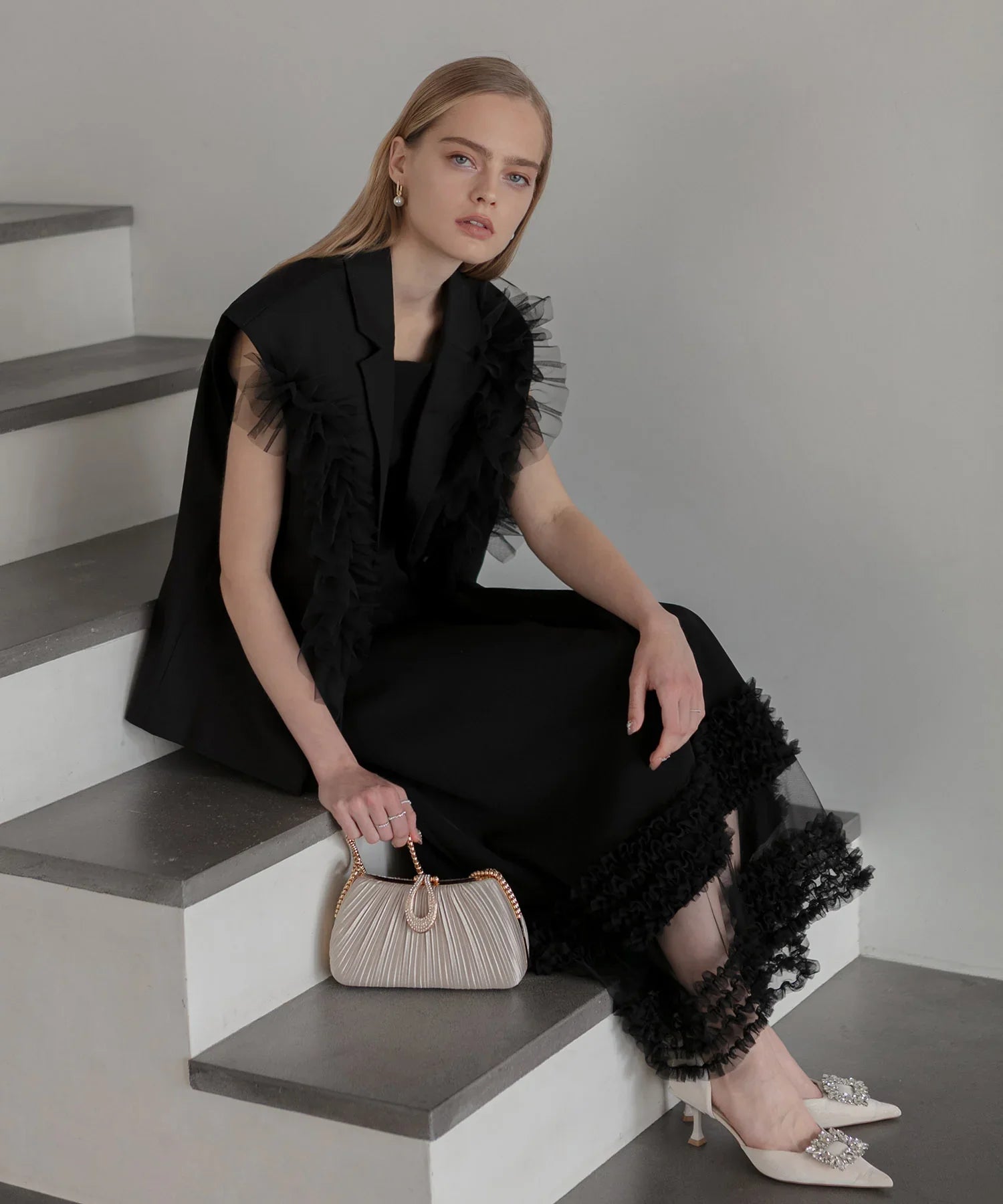 Leja-フラワースパンコールチュールフリルロングスリーブマーメイド