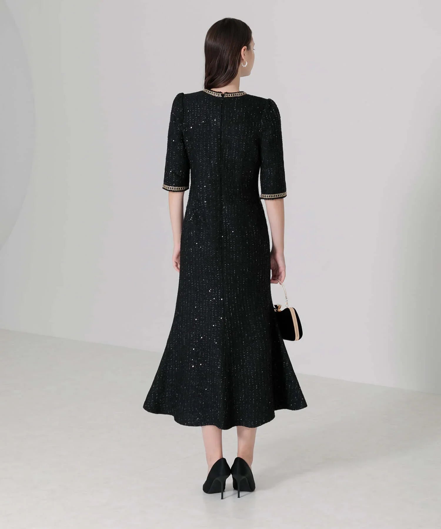 当日発送】ラメツイードレザーパイピングパールマーメイドワンピース