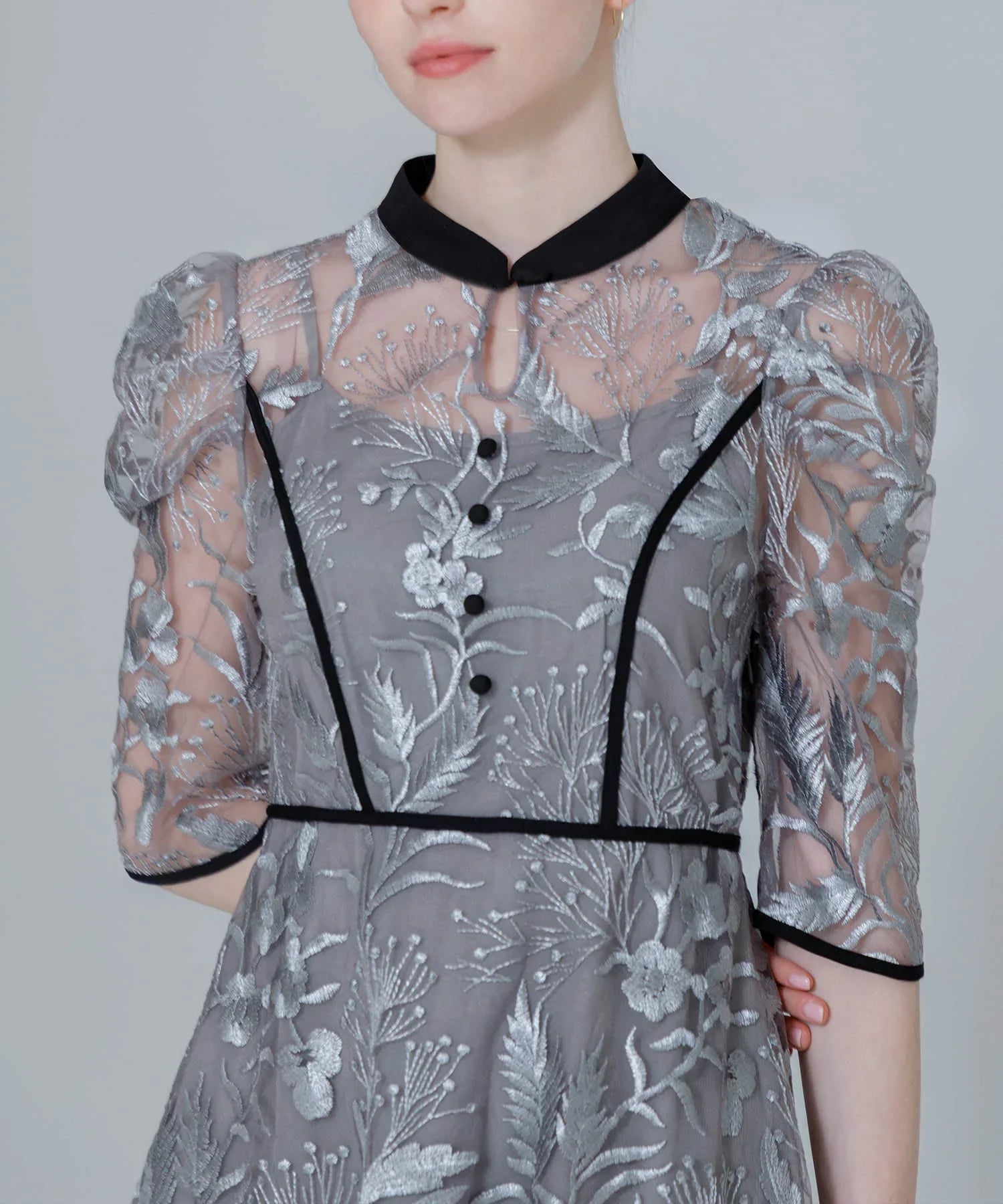 当日発送】花柄チュールパフスリーブワンピース/パーティードレス