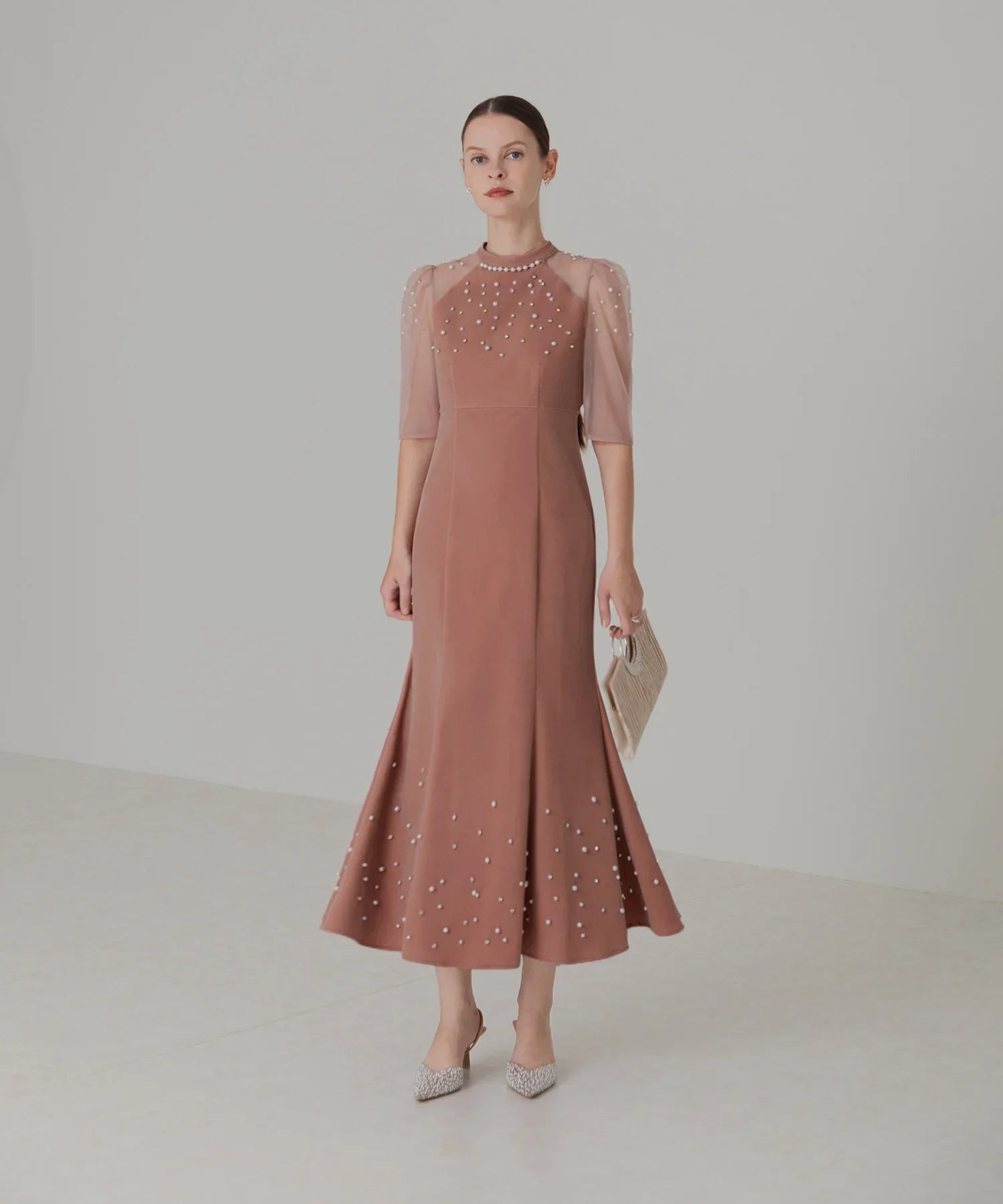 当日発送】シアースリーブパールビジューベロアマーメイドドレス