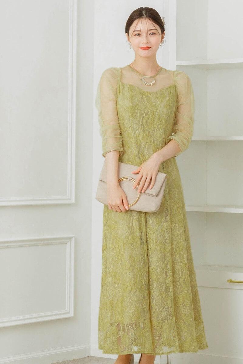 イエローのギャザースリーブレースドレス | Dorry doll | M | 結婚式