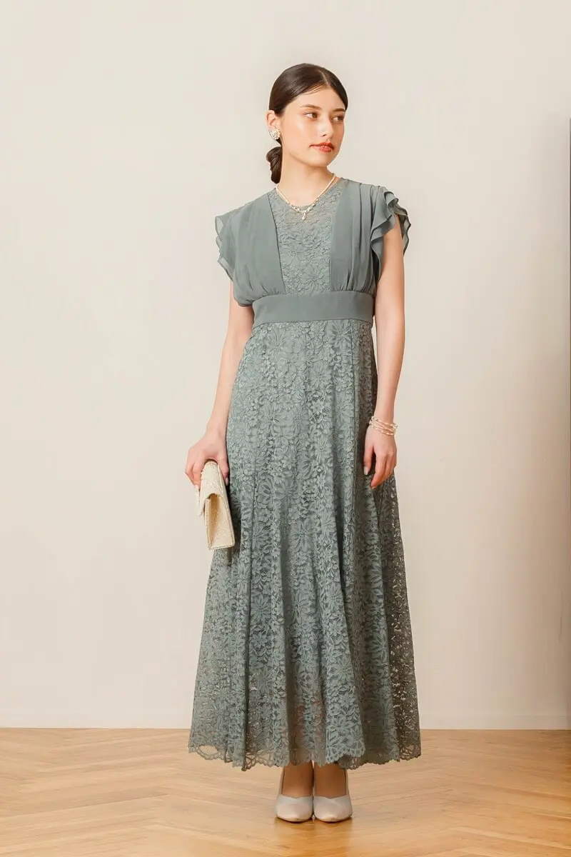 ライトカーキのシフォンスリーブレースドレス | Dorry doll | M | 結婚