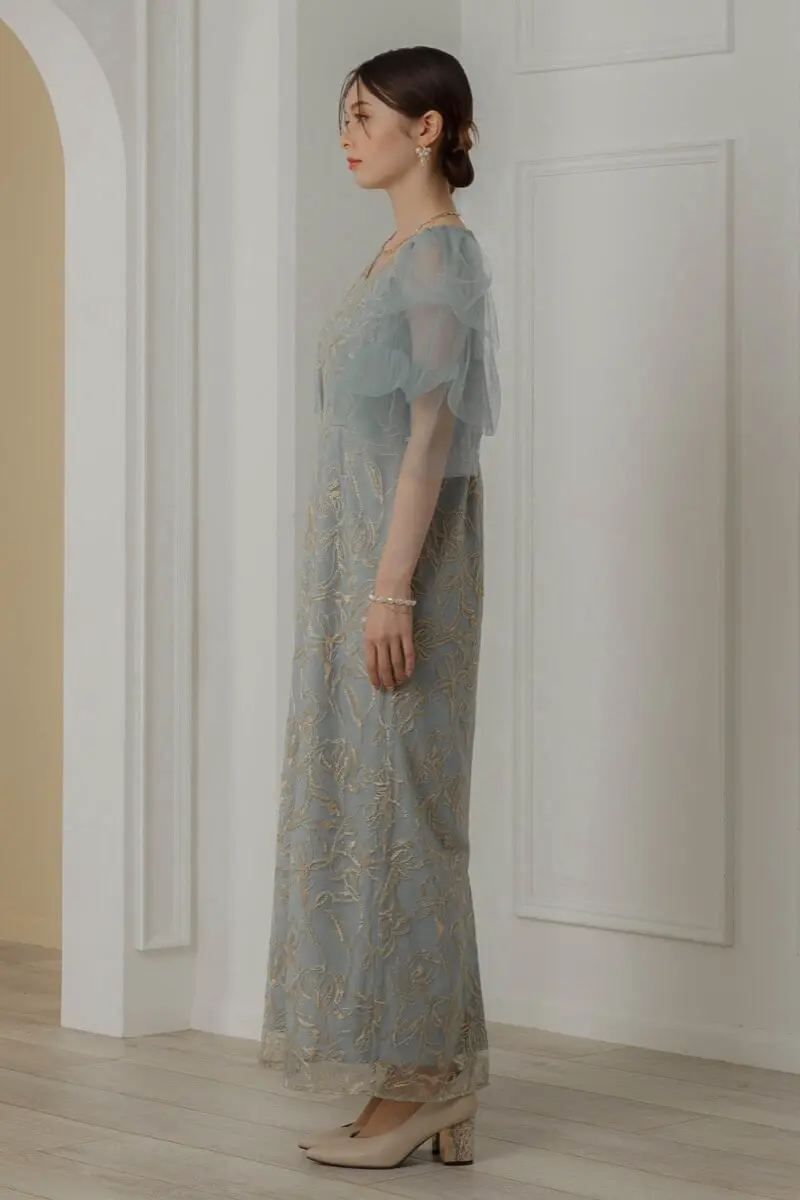 ブルーのフラッフィースリーブペンシルドレス | LE' RURE | M | 結婚式