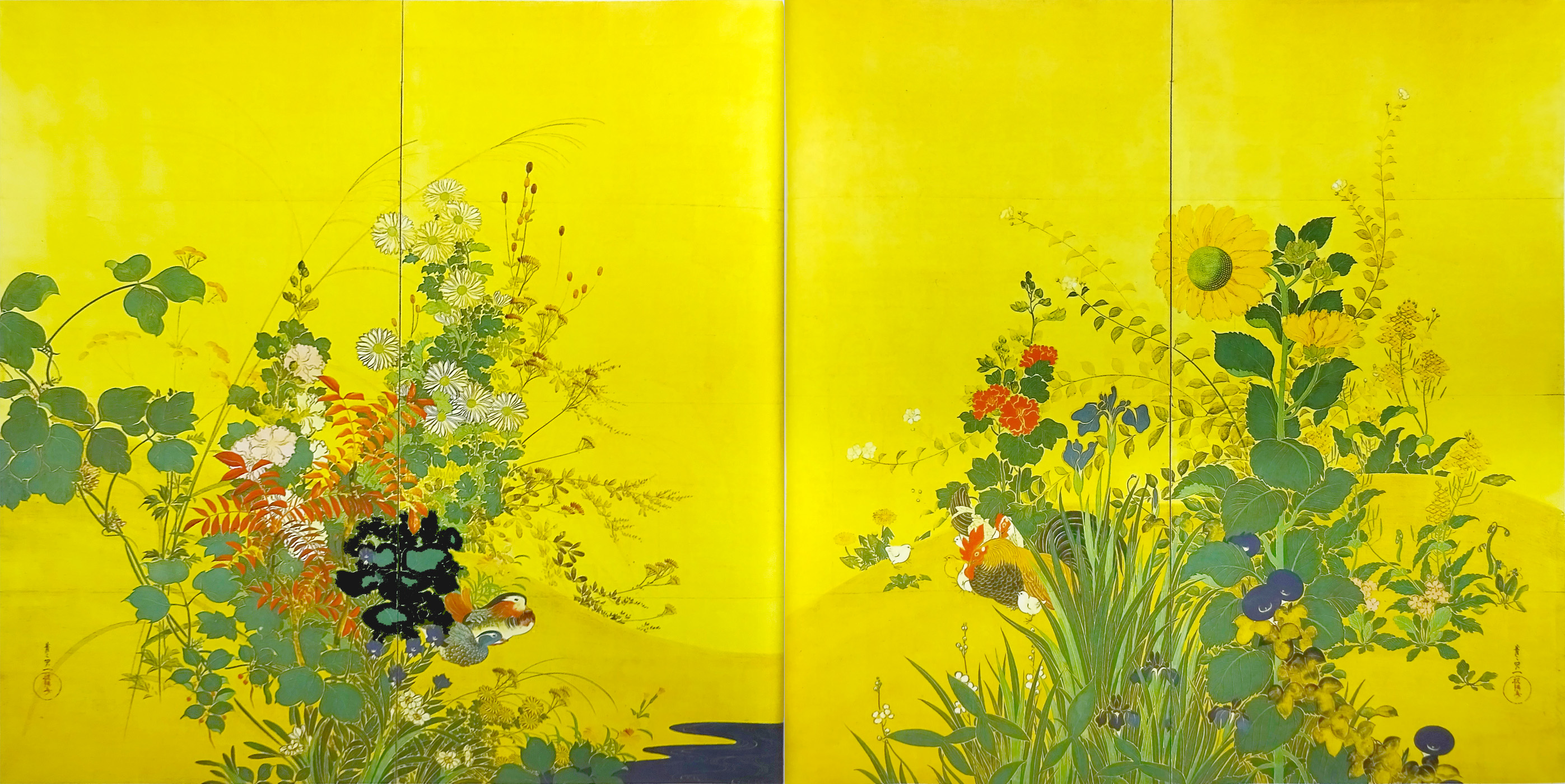 花鳥屏風 四曲 紙本著色四季花鳥図〈／六曲屏風〉 文化遺産オンライン