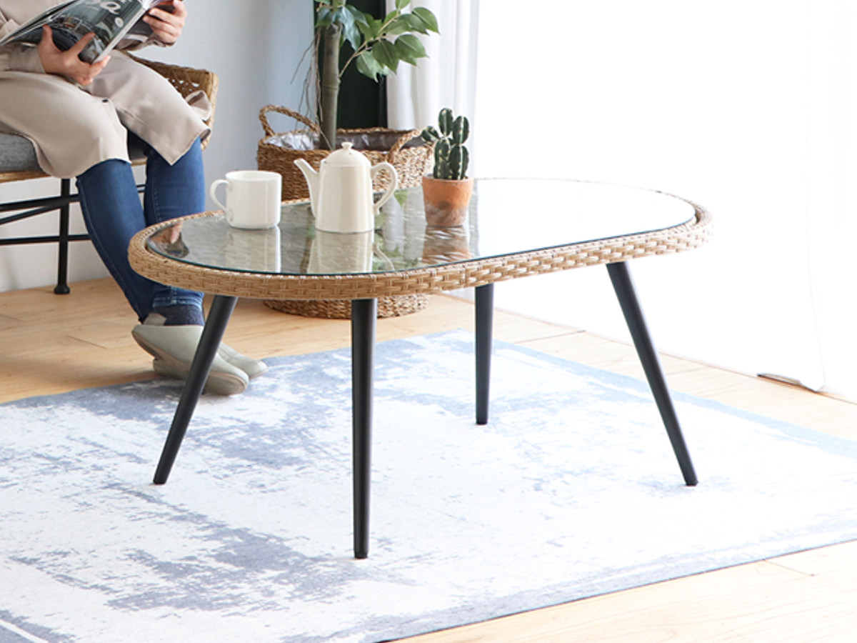 アンティーク】籐 ラタン ガラスローテーブル センターテーブル 楕円形