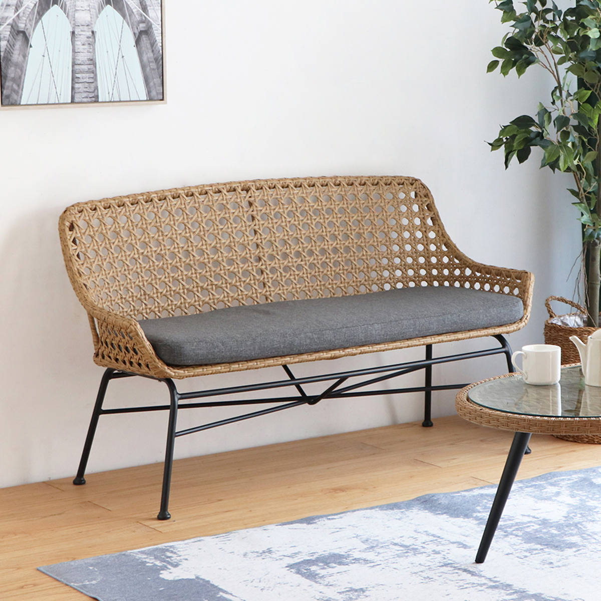 リゾネア ベンチソファ 2人掛け 座面高44cm ラタン調 軽量 （ 椅子