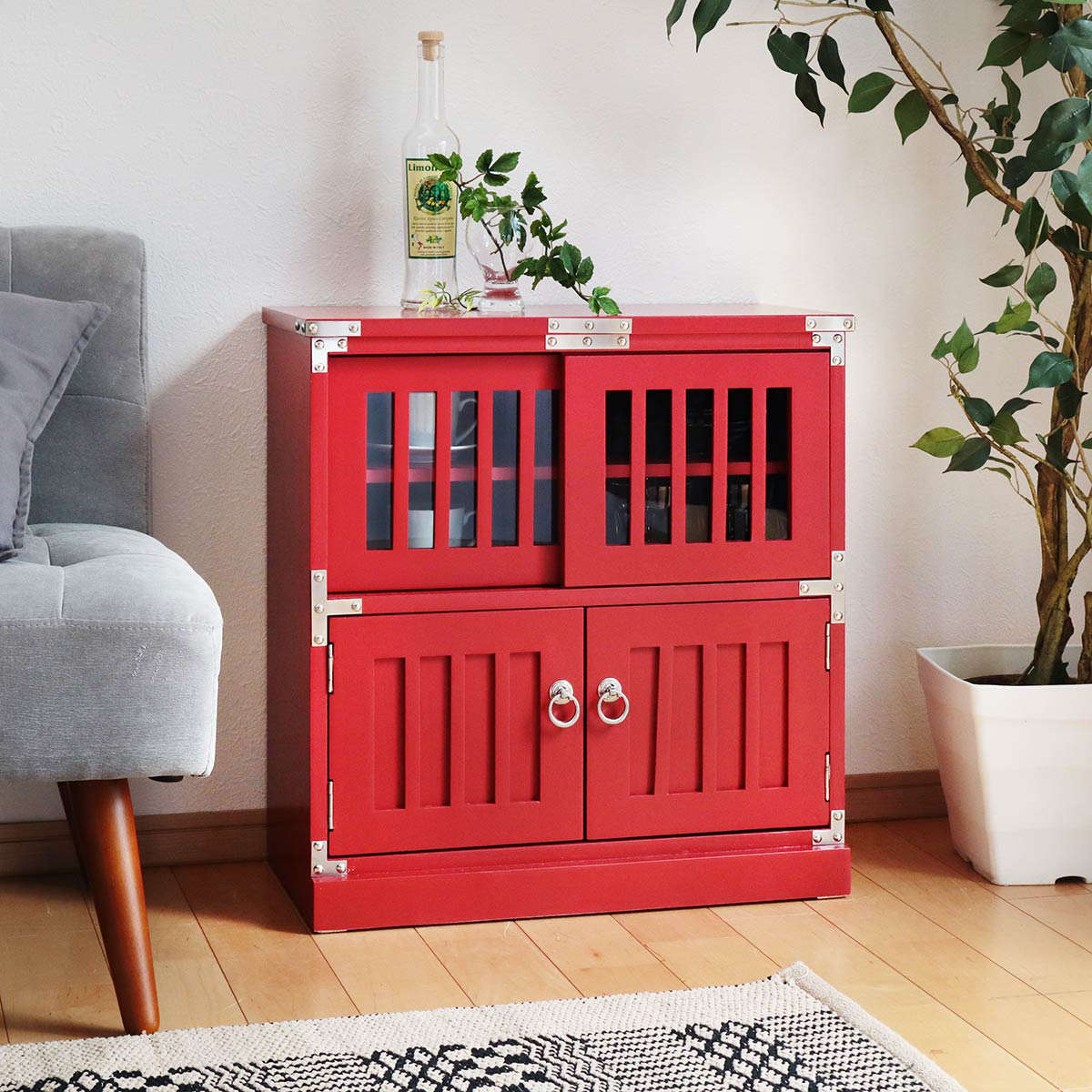 美品 えぞ民芸 花柄サイドボード キャビネット リビングボード 飾り棚