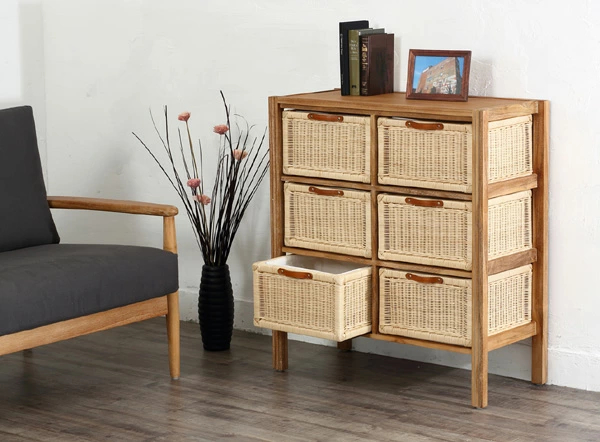 ラタンバスケットと天然木フレームの収納チェスト6段引き出しアジアン家具