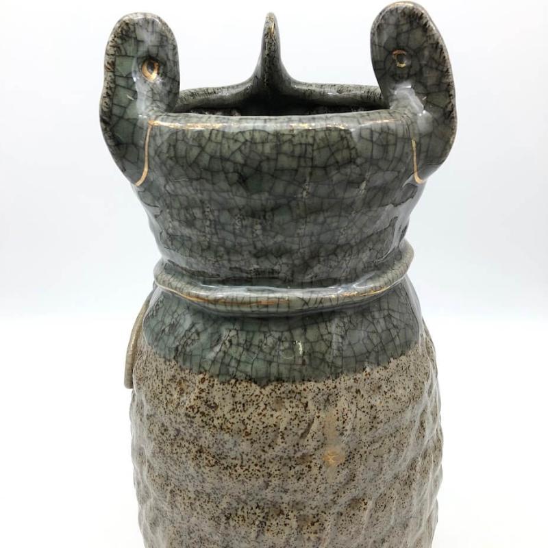 昭和レトロ 大堀相馬焼 陶器製 青ひび焼 青磁釉 貫入 走り駒 馬 飾り壺