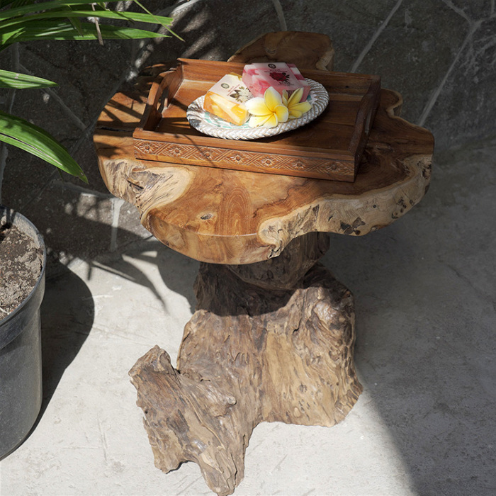 原木サイドテーブル ナチュラルチーク切り株 1点もの 【54100