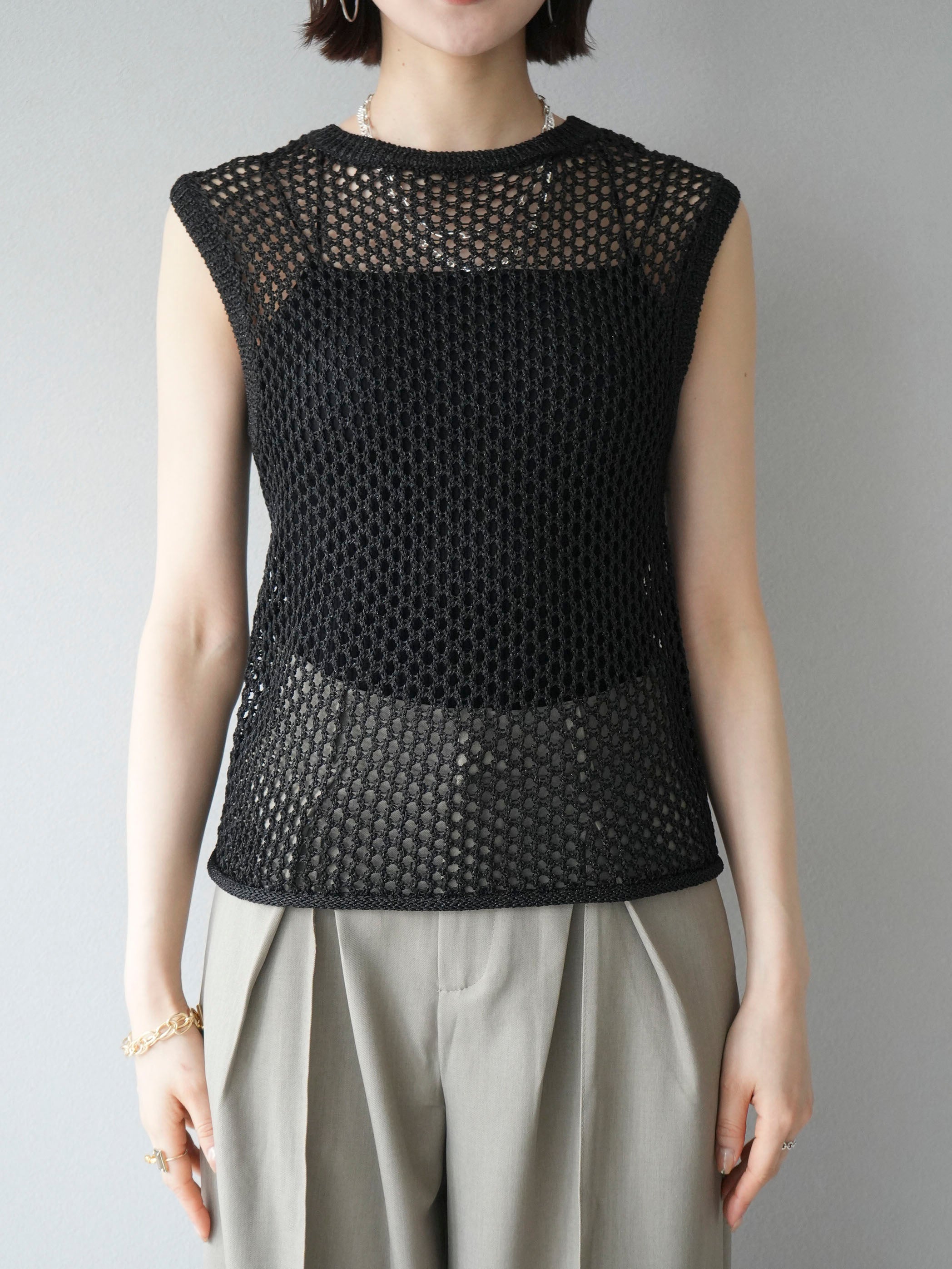 予約]ラメリリーヤーンメッシュタンクトップ/ブラック – Lumier