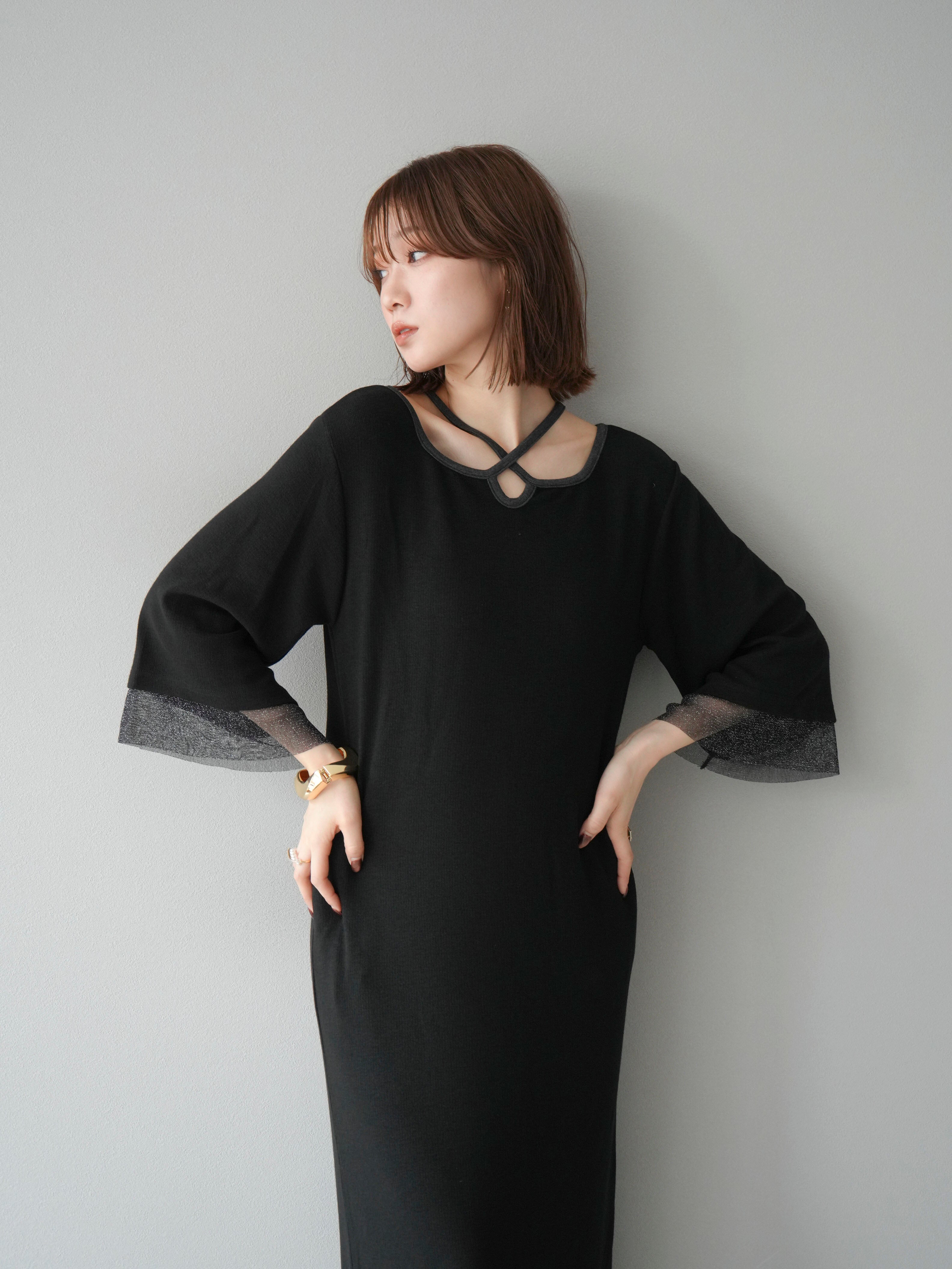 lumier リュミエ パールデザインキー・ネックワンピース シアー