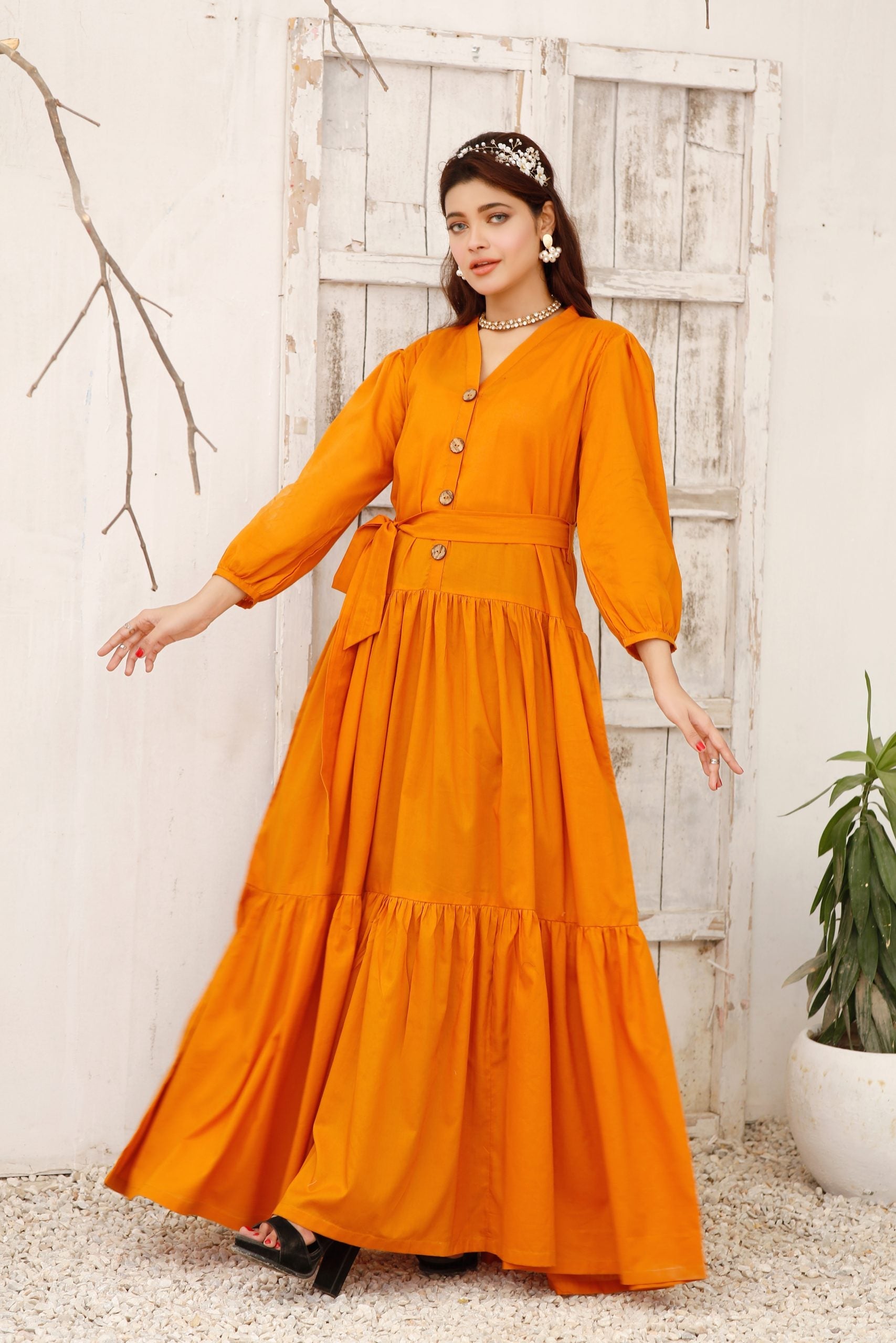 Lerure Meandering waist tuck flare dress