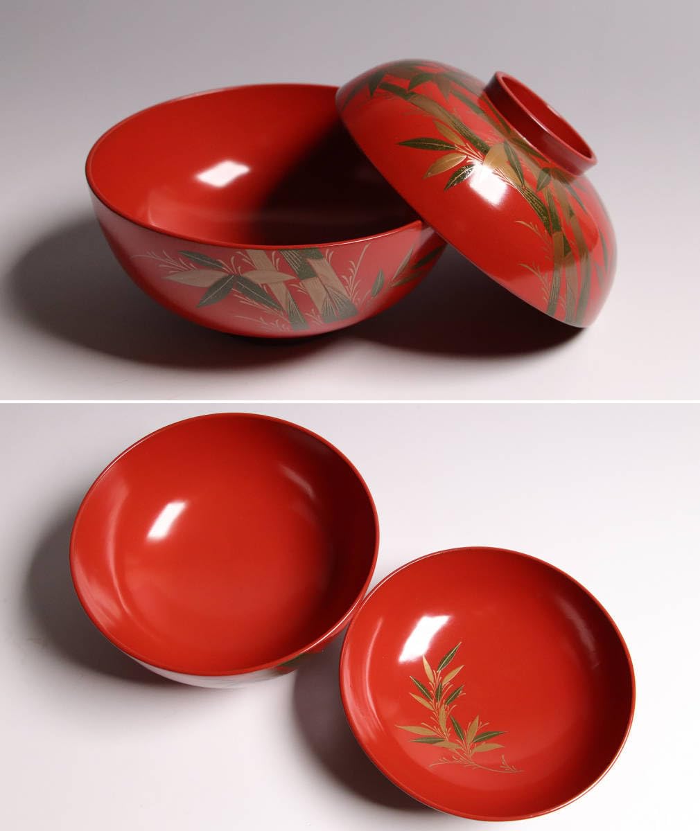 輪島塗 天然木蒔絵「竹に雀文」吸物椀(雑煮椀)10脚揃 明治