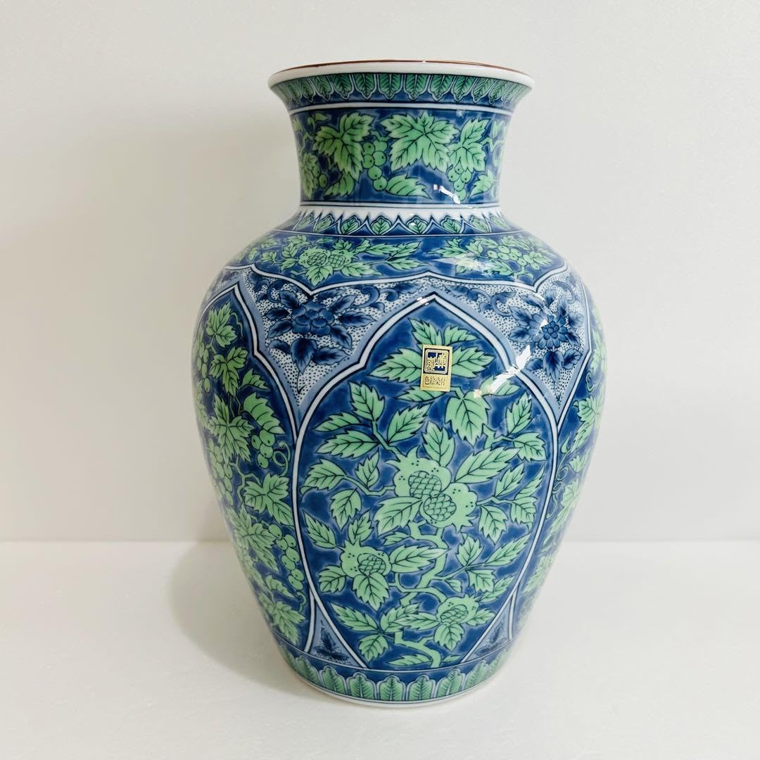 青と緑の花模様 陶器花瓶 約46cm