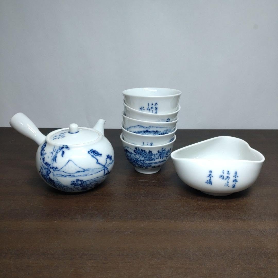 煎茶器セット□染付絵変わり煎茶道具 東海道五十三次 横手急須 煎茶碗