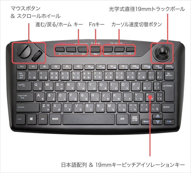 トラックボール内蔵 2.4GHzワイヤレスキーボード [TK-24G05