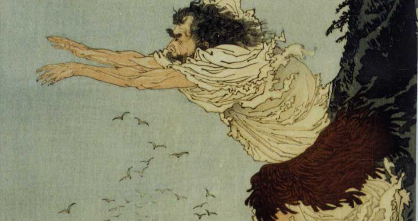 日蓮上人真実伝之内佐渡御流罪日良坊師赦免状持参之図」国政 3枚続