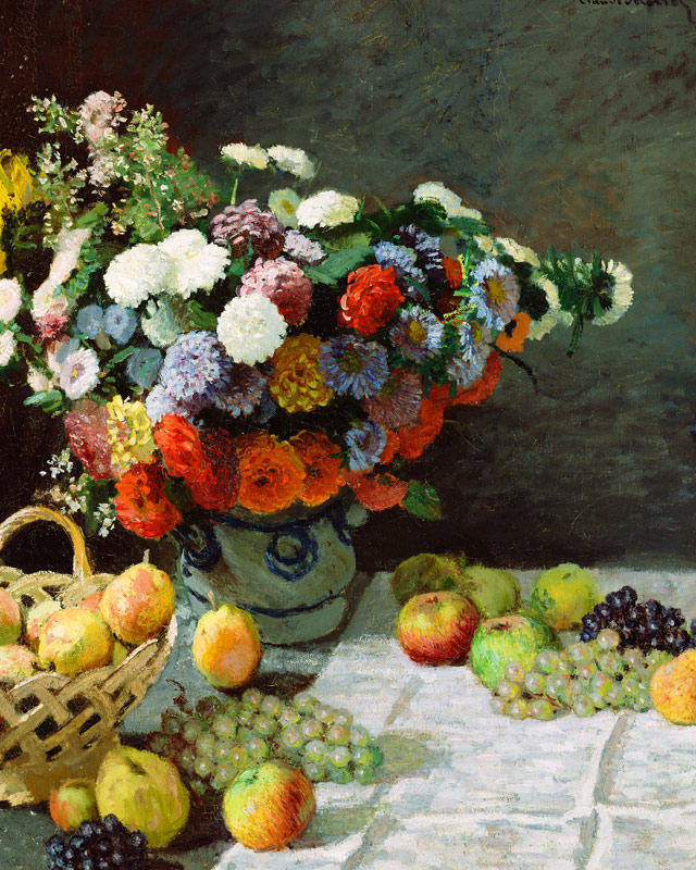 モネ 花と果物のある静物 ジクレーキャンバス複製画 額装品