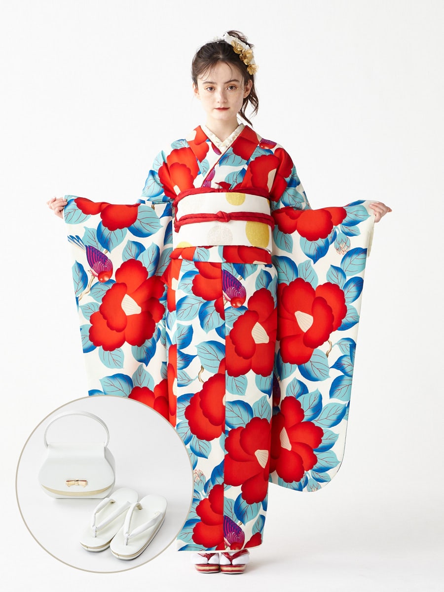 ふりふ 赤い花柄振袖と袋帯セット ふりふ 赤い花柄振袖と袋帯セット