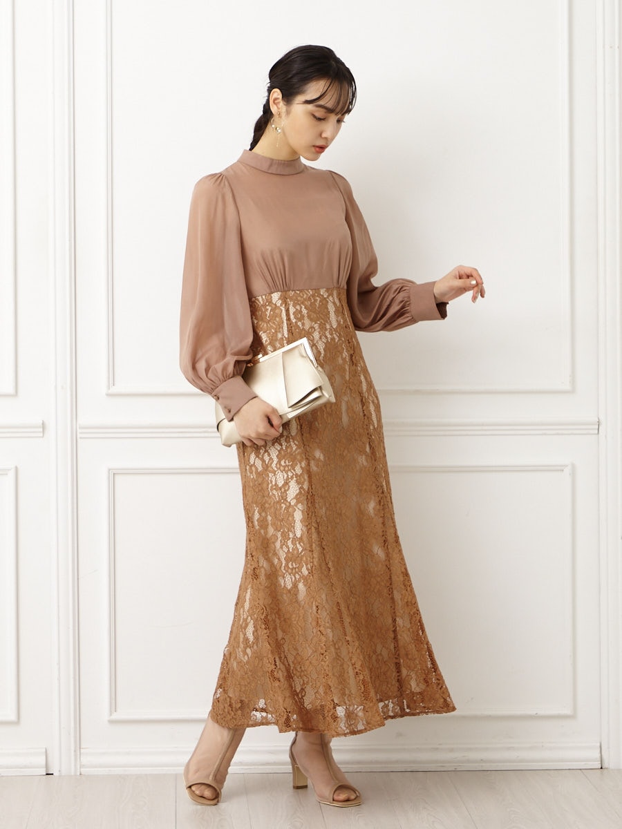 オーガンジーボリュームスリーブレースマーメイドドレス(S キャメル