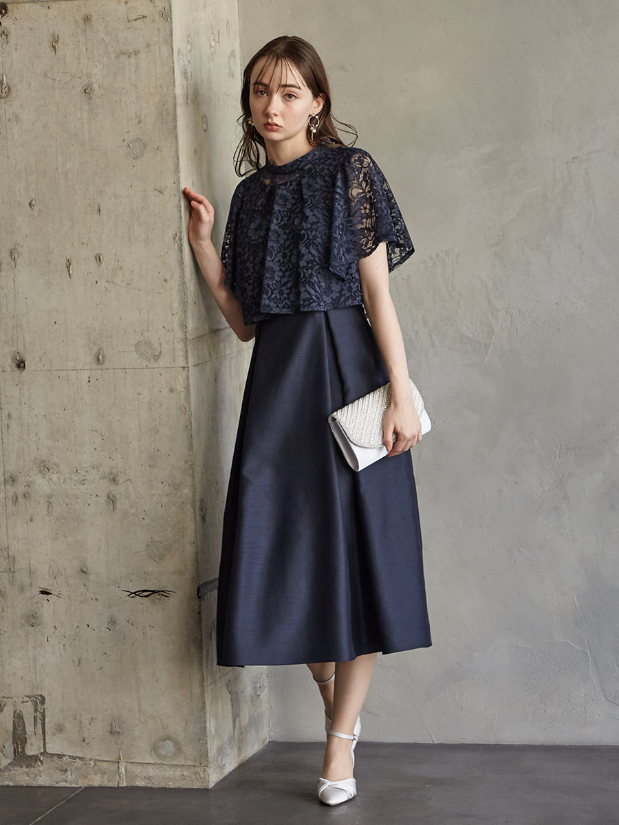 レースブラウス付シャンタンフィット＆フレアドレス｜パーティードレス