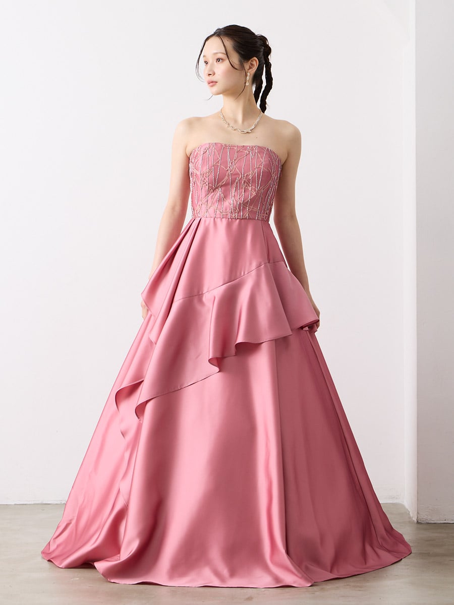 Ondes/シャンブレーツイル×刺繍Aラインドレス(M ピンク): AIMER | エメ