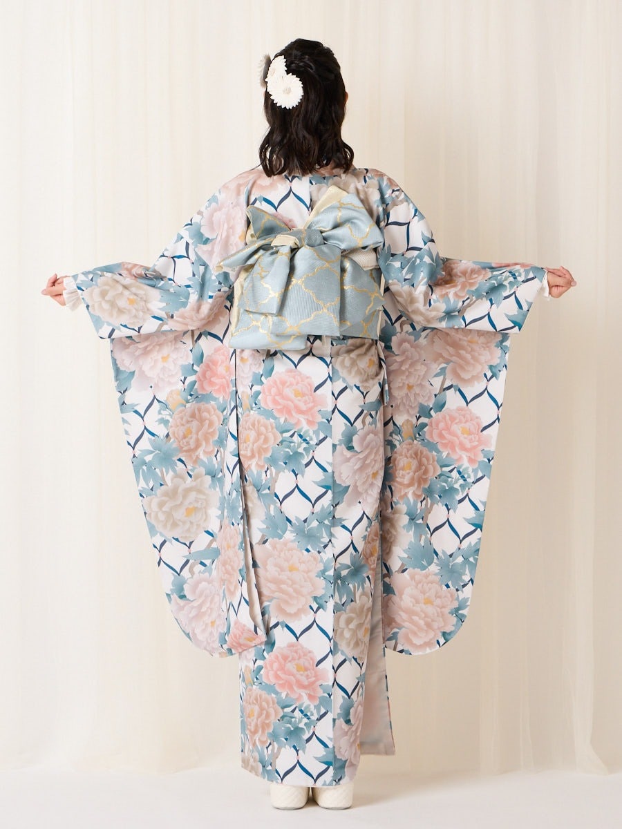 残りわずか】振袖単品「リボン格子牡丹」(FREE ピーコックグリーン
