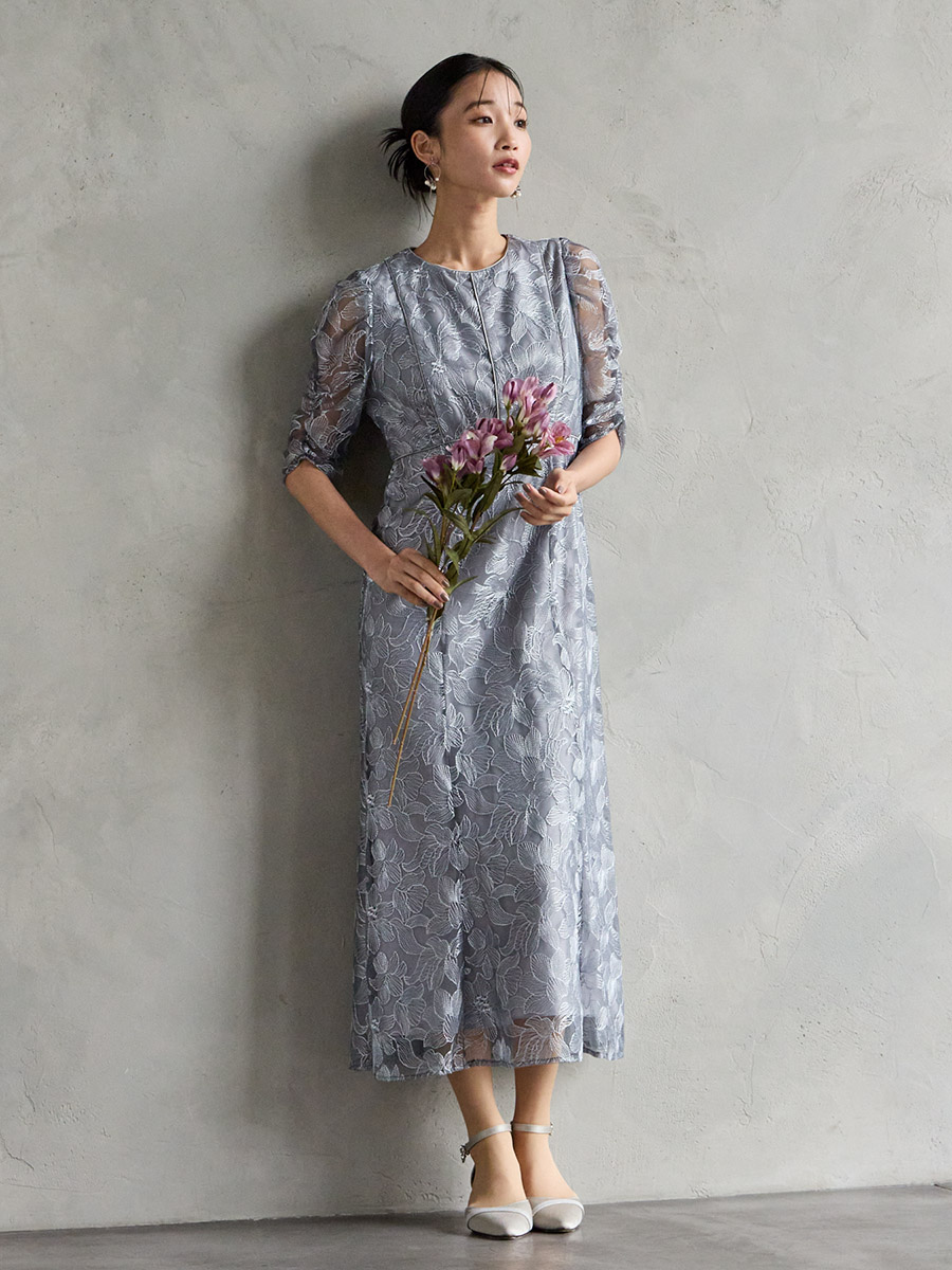 エンブロイダリーチュールパイピングドレス(S グレー): AIMER | エメ