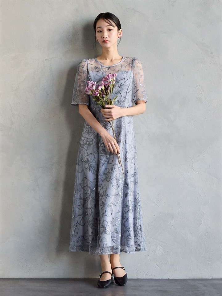 ビオラモチーフ スパンコール 刺繍 ドレス グレー 結婚式 同窓会 Leja