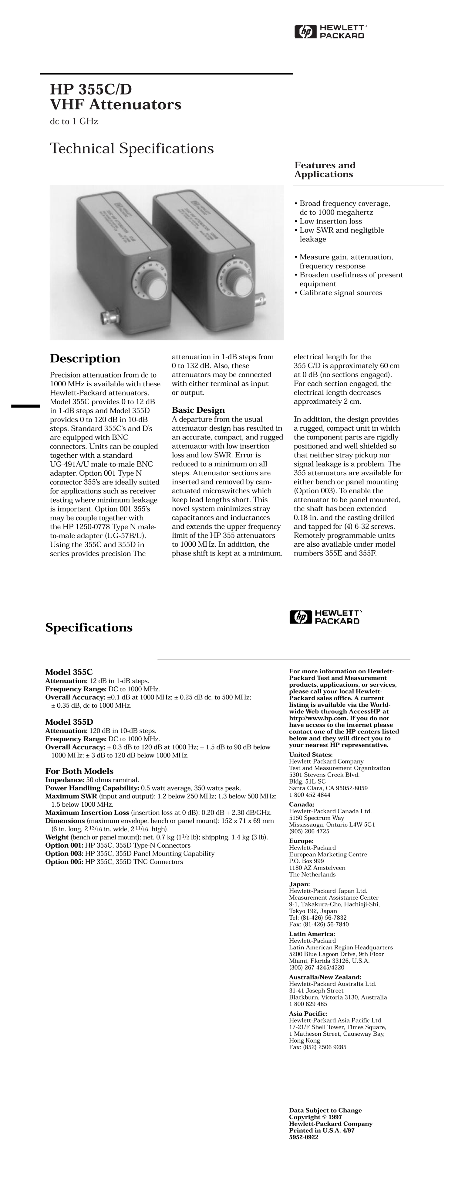 355D Hewlett Packard VHF Variable Attenuator 1000MHz 120dB, Used